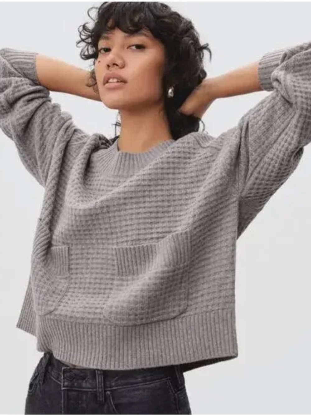 Everlane Heathered Grey Belgian-Waffle Pocket Pullover Sweater - 100% Cashmere